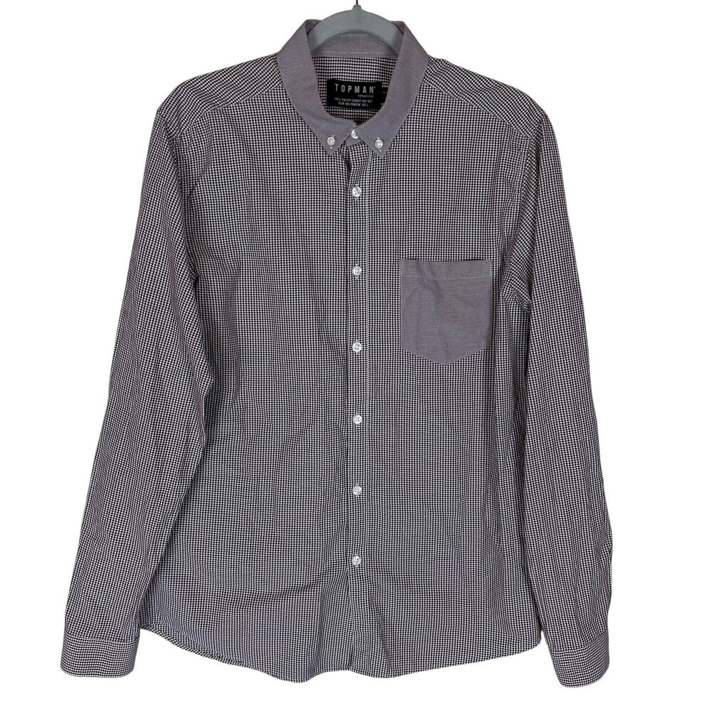 Topman Shirt Mens Large Brown Gray Gingham Check Long Sleeve Casual Button-Up‎